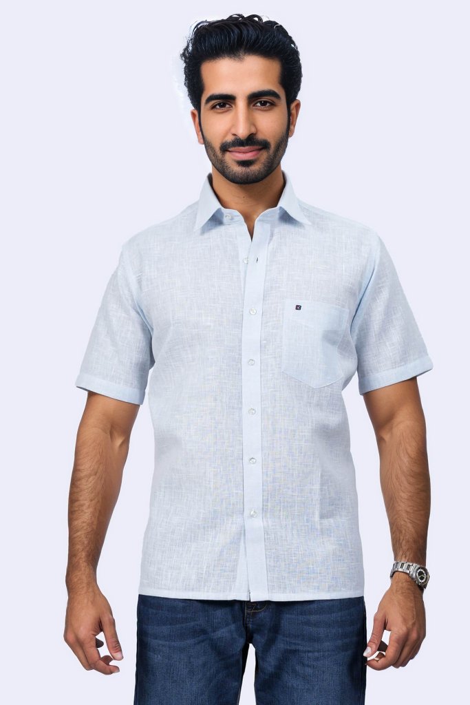 Mens Sky Blue Regular Fit Jute Blended Shirt