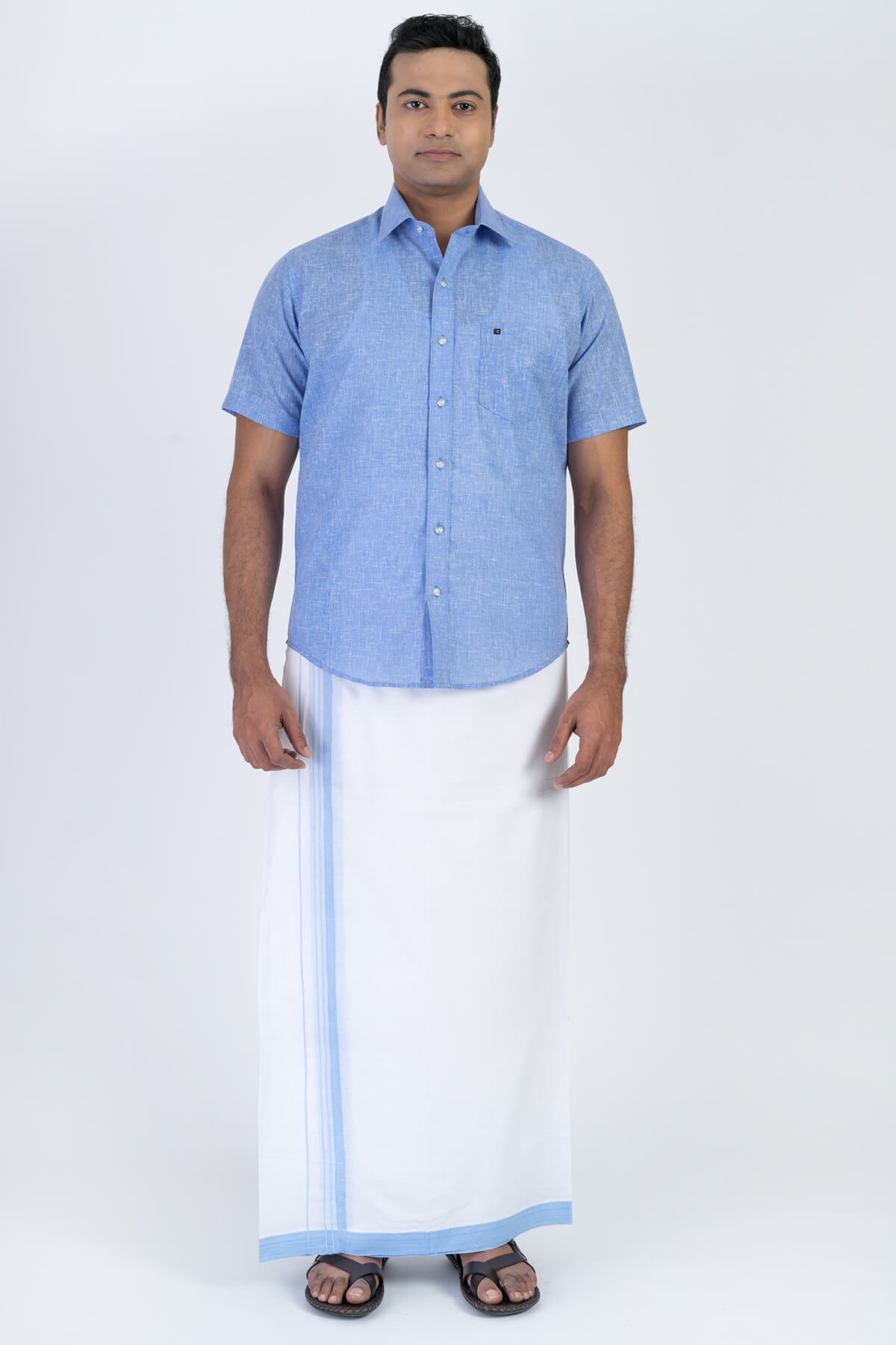 Men's Premium Cotton Dhoti with Sky Blue Elegant Border