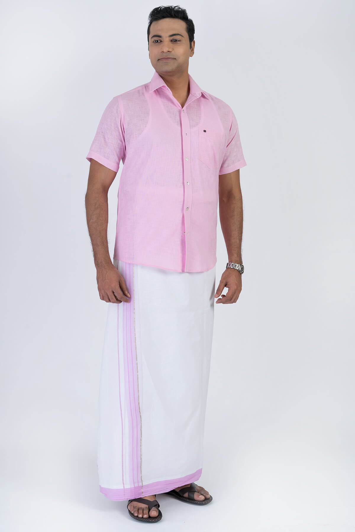 Men's Premium Cotton Dhoti with Baby Pink Elegant Border