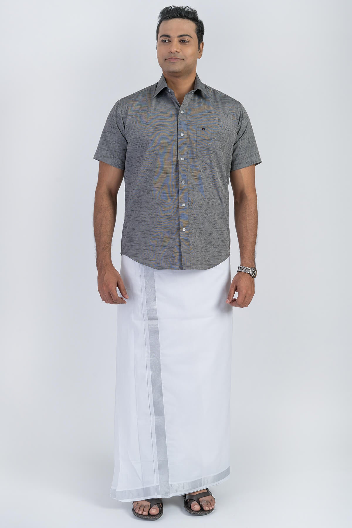 Men's Premium Cotton Dhoti with Silver Elegant Border