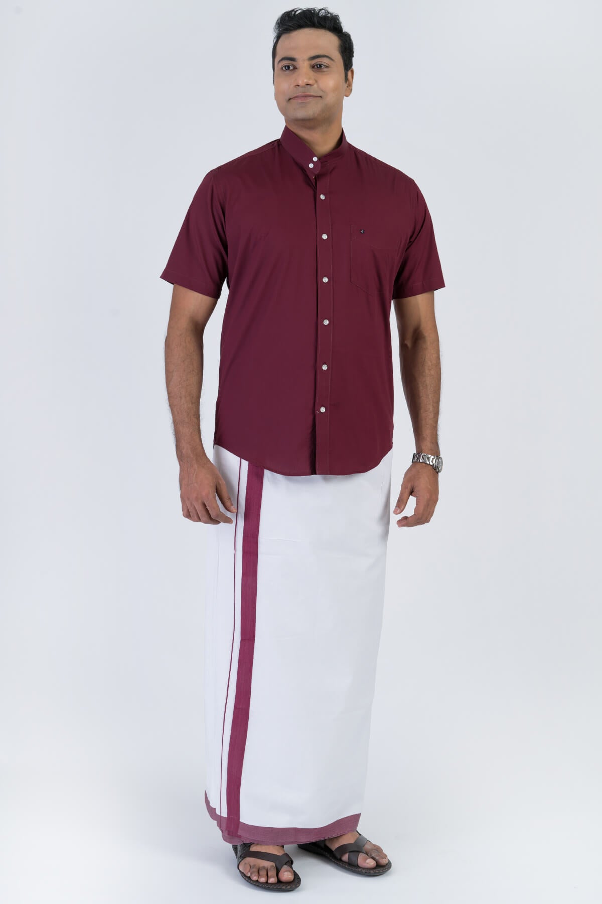 Men's Premium Cotton Dhoti with Maroon Elegant Border