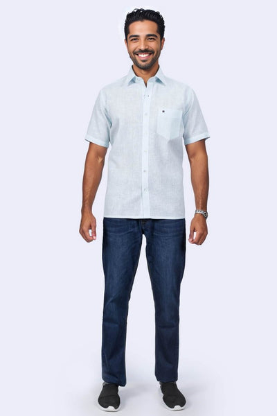 Mens Blue Regular Fit Jute Blended Shirt