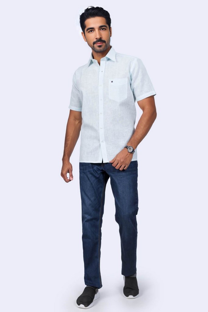 Mens Blue Regular Fit Jute Blended Shirt