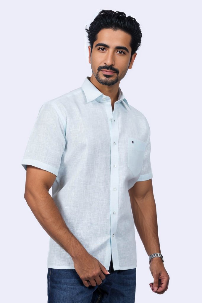 Mens Blue Regular Fit Jute Blended Shirt